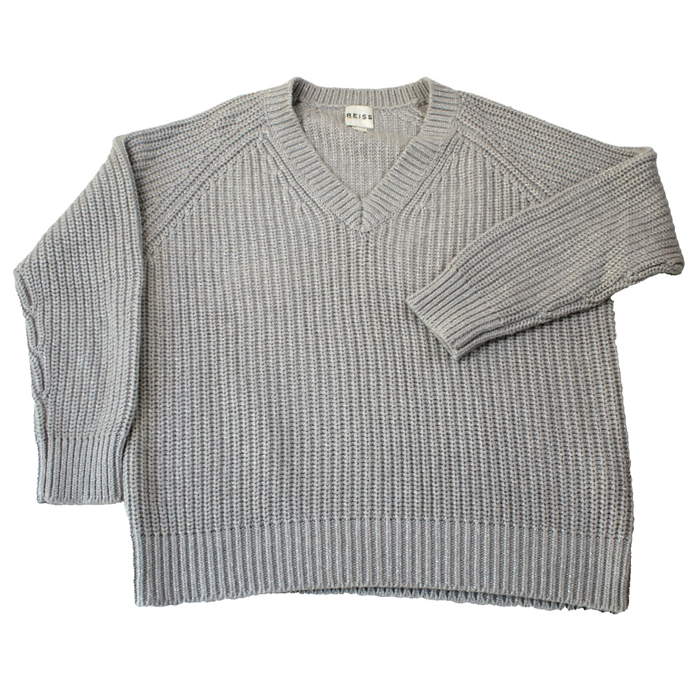 Reiss Light Gray V-Neck Ribbed Sweater